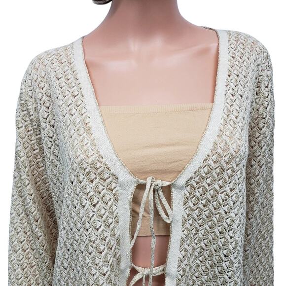 MANGO MNG Lurex Knitted Cardigan Sweater Women Plus 3XL Cream Gold Tie front - Picture 9 of 14